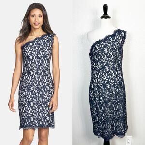 Tadashi Shoji Womens One Shoulder Lace Cocktail Dress in Navy Blue Size 10